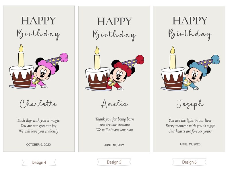 three birthday cards with illustrations of Minnie Mouse and candles, each with a different message for a birthday celebration.