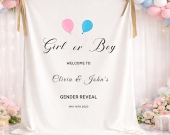 Banner de tela para revelación de género, marco de madera estilo boho, fondo para baby shower, nombre personalizable