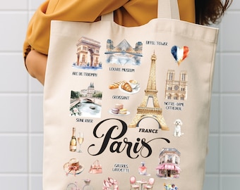 Bolso de mercado de lona natural con forma de Torre Eiffel de París, bolso de hombro de algodón.