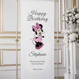 A banner with a Minnie Mouse illustration and a birthday message for Stephanie.
