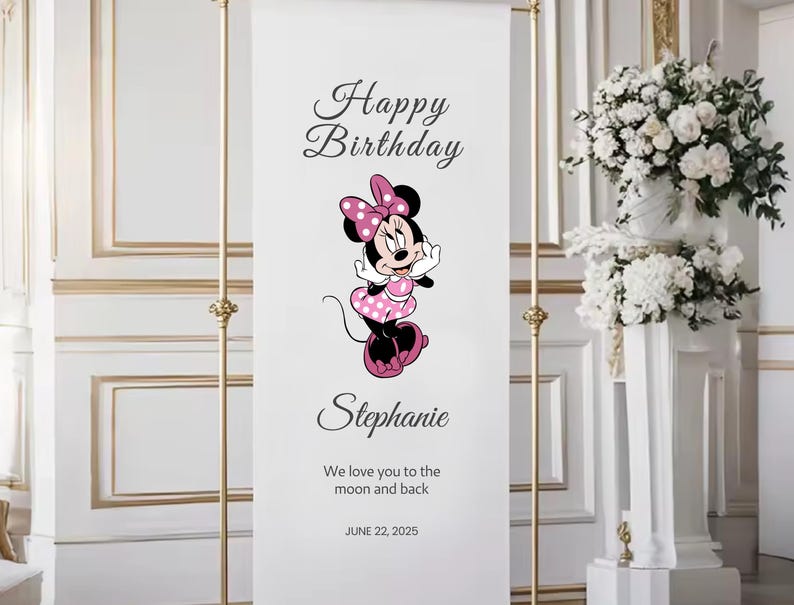 A banner with a Minnie Mouse illustration and a birthday message for Stephanie.