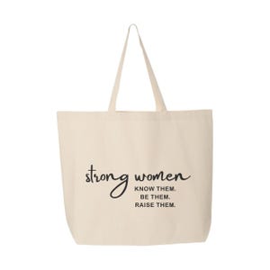 May include: Cream-colored tote bag with long handles. The bag features the words "strong women" in a script font, with the phrases "KNOW THEM. BE THEM. RAISE THEM." printed below in a smaller, sans-serif font. The bag is made of a sturdy fabric.