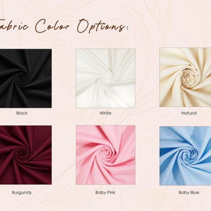 six fabric swatches in different colors, including black, white, natural, burgundy, baby pink, and baby blue.