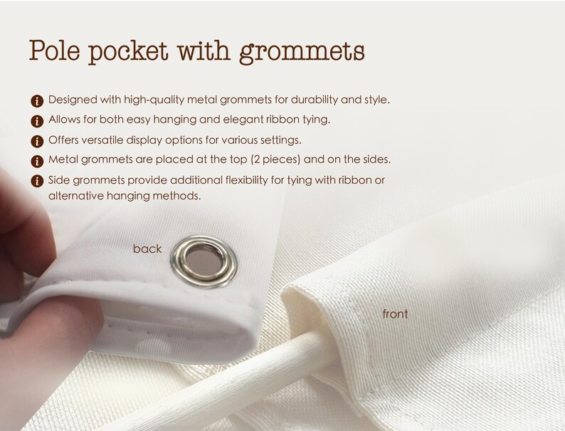 a close-up view of a pole pocket with groomsets, with a hand holding the pocket and a white fabric visible.