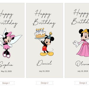 three birthday cards with illustrations of Minnie Mouse and other characters, along with personalized messages and names.