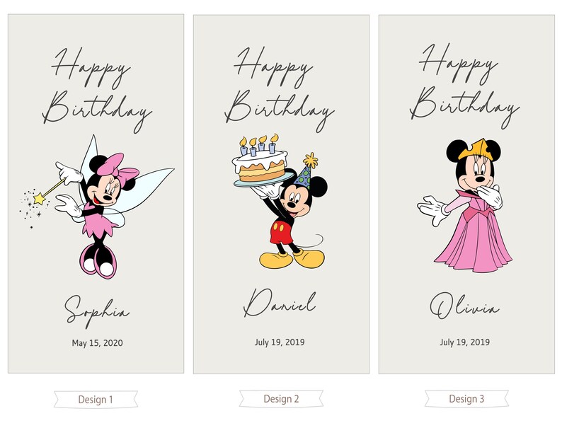 three birthday cards with illustrations of Minnie Mouse and other characters, along with personalized messages and names.