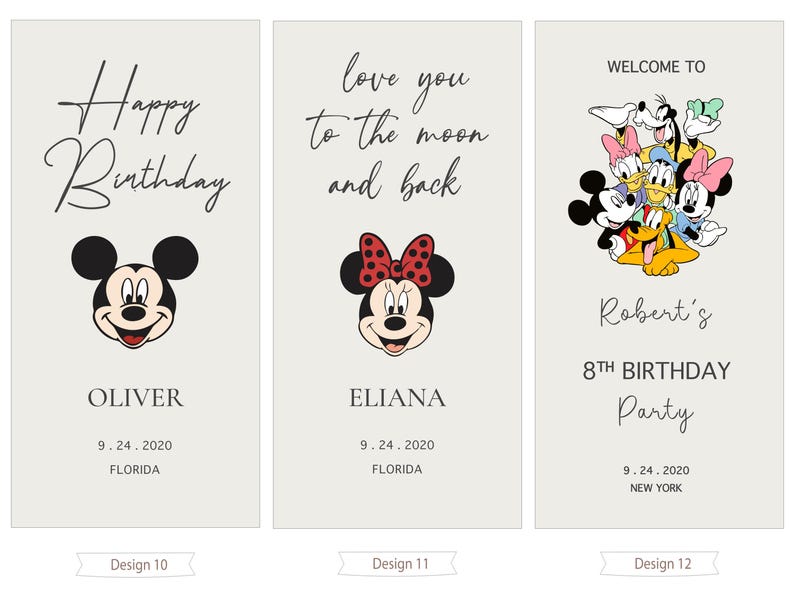 three birthday party invitation cards with different designs and information about the birthday party.