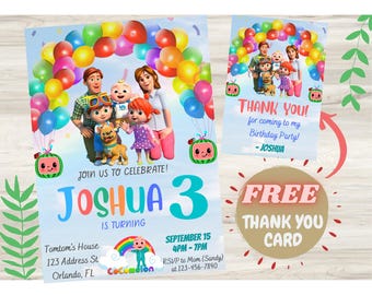 Invitación premium de cumpleaños con sandía, invitación para fiesta de melón arcoíris, temática familiar de dibujos animados, plantilla editable de Canva, cumpleañero especial