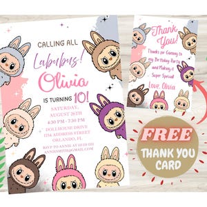 May include: A birthday party invitation and thank you card set. The invitation features the text "Calling all Labubus! Olivia is turning 10!" with cartoon bunny characters in various colors. A free thank you card is included.