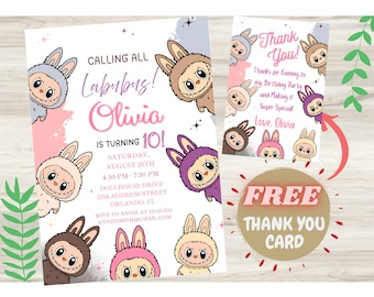 Modello modificabile per invito alla festa di compleanno di Labubu (Canva), download digitale