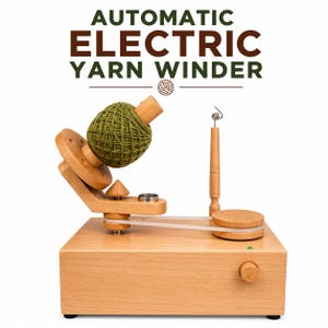 May include: An automatic electric yarn winder with a light wood base, a rotating spindle holding a green yarn ball, a vertical guide post, and a clear drive belt. The text AUTOMATIC ELECTRIC YARN WINDER is printed above the device in dark brown.