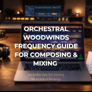 May include: A laptop displaying "ORCHESTRAL WOODWINDS FREQUENCY GUIDE FOR COMPOSING & MIXING" sits on a wooden desk. The image includes headphones, a speaker, and a coffee cup, suggesting a music studio environment. The text also includes "Includes tips for mixing Woodwind libraries."