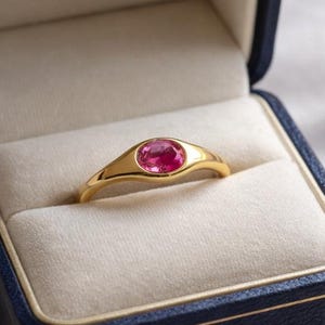 Oval Ruby Wedding Ring, 18K Gold Solitaire Ring, Minimalist Bezel Set Red Gemstone Ring, July Birthstone Promise Ring, Dainty Stackable Ring