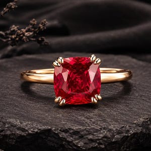 Op de afbeelding: Een gouden ring met een grote, kussengeslepen, levendig rode edelsteen die op zijn plaats wordt gehouden door vier pootjes. De ringband is glad en gepolijst en heeft een eenvoudig ontwerp dat de gefacetteerde, dieprode steen centraal stelt.