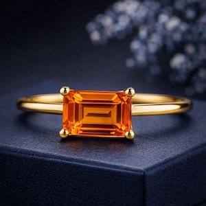 Pierścionek zaręczynowy z szmaragdowym cytrynem, pierścionek z kamieniem urodzeniowym dla osoby urodzonej w listopadzie, pierścionek z żółtego złota z pojedynczym kamieniem, delikatny pierścionek do łączenia w zestawy, prezent dla niej, pierścionek zaręczynowy