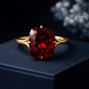 May include: A gold ring featuring a large, cushion-cut, deep red gemstone. The ring's band has a delicate, split design, and the gemstone is set with four prongs. The ring is displayed on a dark blue surface, with a blurred floral background.