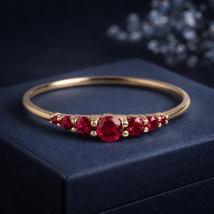 Round Ruby Seven Stone Engagement Ring, 14K Gold Ring • Minimalist Ruby Band • July Birthstone Anniversary Gift Ring • Dainty Stackable Ring