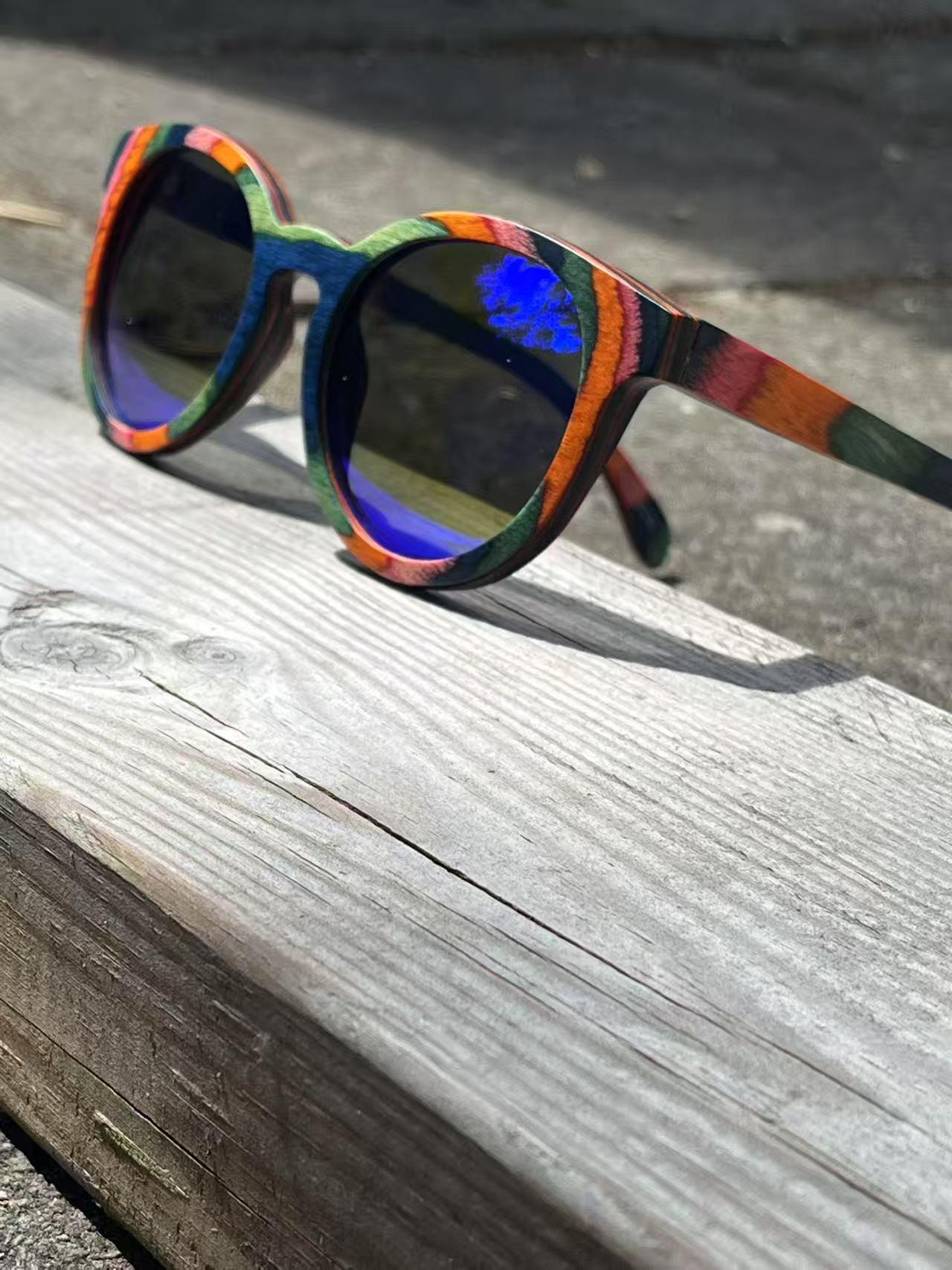Multi Coloured Wooden Sunglasses - Wayfarer Style 