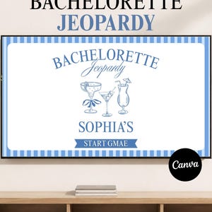 May include: A digital screen displaying a game titled BACHELORETTE JEOPARDY. The screen features a white background with a light blue striped border, illustrations of three cocktails, the text SOPHIA'S, and a blue banner labeled START GMAE.