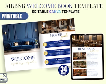 Livro de Boas-Vindas Digital do Airbnb – Modelo Canva Azul e Dourado (Download Digital)