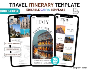 Modelo de roteiro de viagem para a Itália - Guia Canva para impressão e versão digital