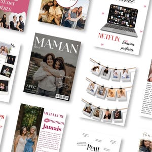 May include: A collection of printed cards and magazine covers featuring photographs of women and text in various fonts. The cards have a pink and white color scheme, with the words "F&ecirc;te des M&egrave;res" and "Bonne f&ecirc;te des m&egrave;res".