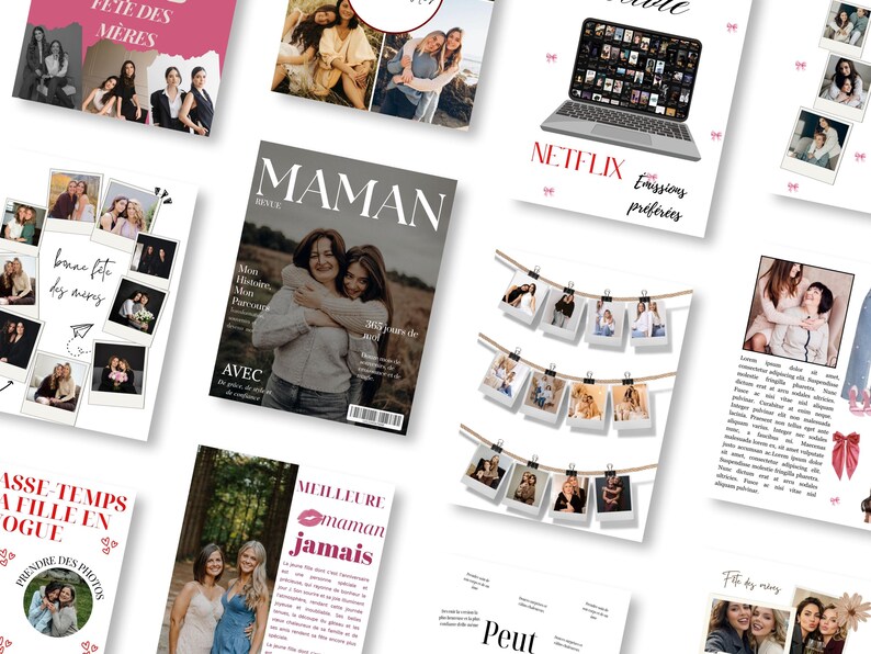 May include: A collection of printed cards and magazine covers featuring photographs of women and text in various fonts. The cards have a pink and white color scheme, with the words "F&ecirc;te des M&egrave;res" and "Bonne f&ecirc;te des m&egrave;res".