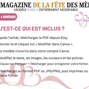 May include: A pink and white graphic with the text "MAGAZINE DE LA F&Ecirc;TE DES M&Egrave;RES" and "IMPRIMABLE & NUM&Eacute;RIQUE". The text describes how to download and modify a Canva template after purchase. Includes instructions for Etsy downloads and file sharing.