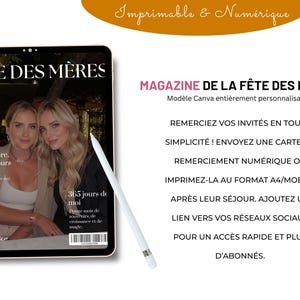May include: A digital magazine cover for Mother's Day, featuring two women. The cover reads "F&Ecirc;TE DES M&Egrave;RES REVUE" and includes text about memories and growth. A stylus rests on the tablet, with additional text about customizable Canva templates.