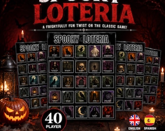 Jogo de Bingo Loteria Assustador Editável | 40 Cartelas de Jogador | Jogo de Bingo Loteria Imprimível | Loteria Espanhola | Modelo Canva Imprimível | PDF