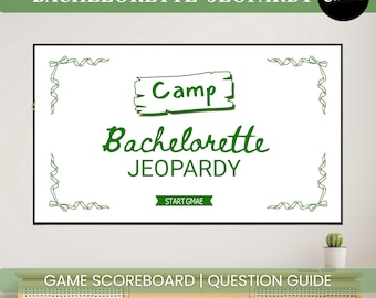 Jogo de perguntas e respostas no estilo Jeopardy para despedida de solteira | Jogo de perguntas e respostas | Tema de praia para despedida de solteira | Canva editável | Jogos para festa de despedida de solteira no acampamento | Jogo em PowerPoint