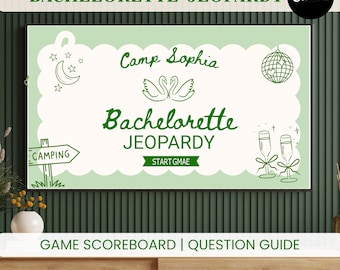 Jogo de perguntas e respostas no estilo Jeopardy para despedida de solteira | Jogo de perguntas e respostas | Tema de praia para despedida de solteira | Canva editável | Jogos para festa de despedida de solteira no acampamento | Jogo em PowerPoint
