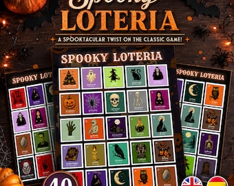 Jogo de Bingo Loteria Assustador para Imprimir | 40 Cartelas | Jogo de Bingo Loteria para Imprimir | Loteria Espanhola | Modelo Editável no Canva | PDF