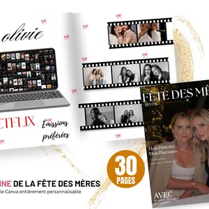 May include: A magazine cover with the text "F&ecirc;te des M&egrave;res" and "30 PAGES". The cover features two women and the text "365 jours de moi". A laptop screen displays Netflix content. The text "Netflix" and "&Eacute;missions pr&eacute;f&eacute;r&eacute;es" are also visible.