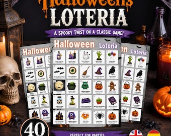 Jogo de Bingo Loteria de Halloween para Imprimir | 40 Cartelas | Jogo de Bingo Loteria para Imprimir | Loteria Espanhola | Modelo Canva para Imprimir | PDF