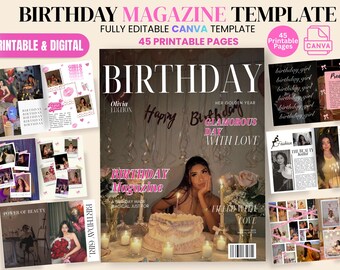 Modelo de revista de aniversário personalizada - Presente para amigo - Revista de aniversário customizável - Modelo editável no Canva - Capa de revista de aniversário