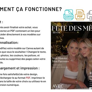 May include: A magazine cover with two women, featuring the text "F&ecirc;te des M&egrave;res Revue" and "365 jours de moi." The image also includes instructions on how to purchase, personalize, and download a PDF template for Canva.