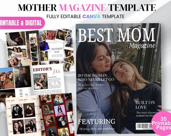 Modelo de revista para o Dia das Mães | Revista personalizada com fotos da família | Presente de aniversário personalizado para a melhor mãe | Modelo editável em vermelho no Canva
