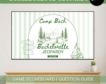 Jogo de perguntas e respostas no estilo Jeopardy para despedida de solteira | Jogo de perguntas e respostas | Tema de praia para despedida de solteira | Canva editável | Jogos para festa de despedida de solteira no acampamento | Jogo em PowerPoint