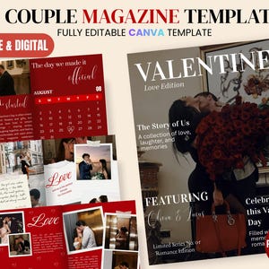 以下が含まれることがあります： バレンタインデーをテーマにしたデジタルマガジンのテンプレート。表紙にはキスをするカップルが描かれ、「VALENTINES」の文字が大きく表示されています。他のページには写真とテキストが表示され、「Love」と「August」の文字が見えます。テンプレートには50ページの印刷可能なページが含まれています。