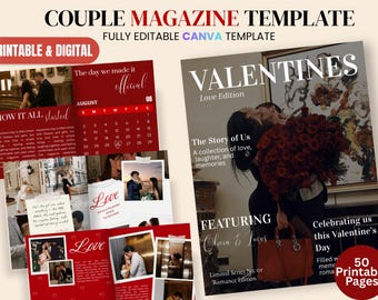 Valentine's Day Magazine Template - Canva Editable - Couple Keepsake - Valentines Couple magazine Template