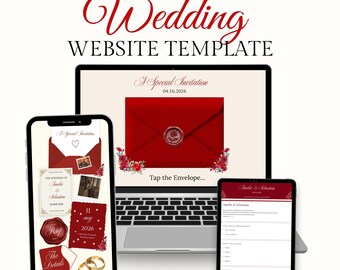 Convite digital para site de casamento - Modelo Canva - Convite editável com confirmação de presença - Site de casamento elegante com estampa floral vermelha - Convite com animação de envelope