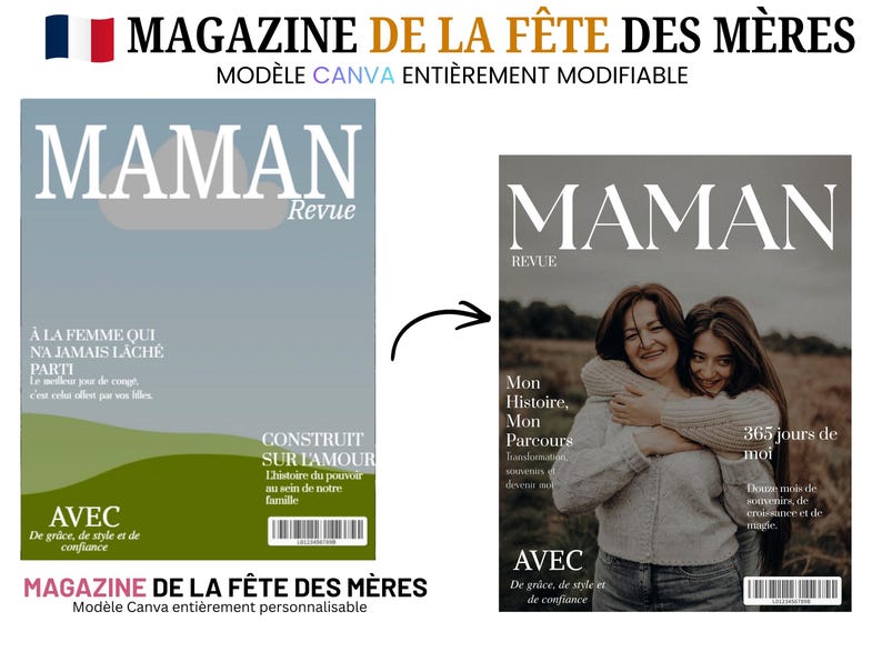 May include: Magazine cover titled "MAMAN Revue" with a photo of a mother and daughter embracing. The cover features the text "Mon Histoire, Mon Parcours" and "365 jours de moi." The magazine is a Canva template, fully customizable, and includes the text "Avec de gr&acirc;ce, de style et de confiance."