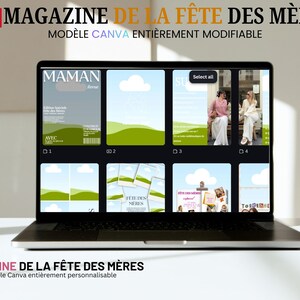May include: A laptop displays a magazine cover with the text "MAMAN" and "MAGAZINE DE LA F&Ecirc;TE DES M&Egrave;RES". The screen shows several design templates with green and blue backgrounds. The French flag is in the top left corner.