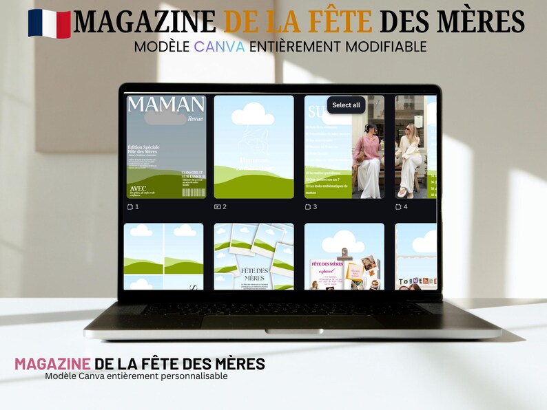 May include: A laptop displays a magazine cover with the text "MAMAN" and "MAGAZINE DE LA F&Ecirc;TE DES M&Egrave;RES". The screen shows several design templates with green and blue backgrounds. The French flag is in the top left corner.