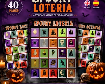 Jogo de Loteria Assustador de Halloween | 40 Cartelas de Jogador | Jogo de Bingo de Loteria para Imprimir | Loteria Espanhola | Modelo Editável no Canva | PDF