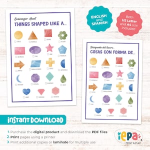 Puede incluir: Dos hojas de actividades de búsqueda del tesoro imprimibles con formas de acuarela y etiquetas en inglés y español. Cada hoja incluye una cuadrícula de veinte formas con casillas de verificación, titulada Things Shaped Like A y Cosas Con Forma De, disponible en tamaños US Letter y A4.