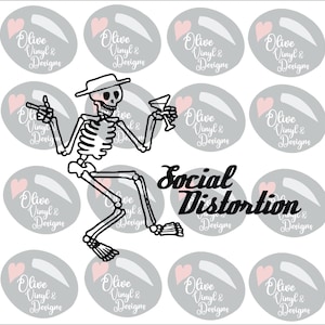 May include: Black and white illustration of a skeleton wearing a hat and holding a martini glass and a cigarette. The text "Social Distortion" is below the skeleton. The background has gray ovals with hearts and the text "Olive Vinyl & Designs".
