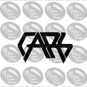 May include: A white background features a repeating pattern of gray ovals with a pink heart and the text "Olive Vinyl & Designs." A large black graphic of the letters "CARS" is centered on the image.