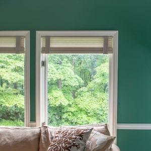 May include: A window with white trim and beige blinds overlooks a lush green forest. The window is set against a teal wall. Beige and brown patterned throw pillows rest on a beige sofa below the window.